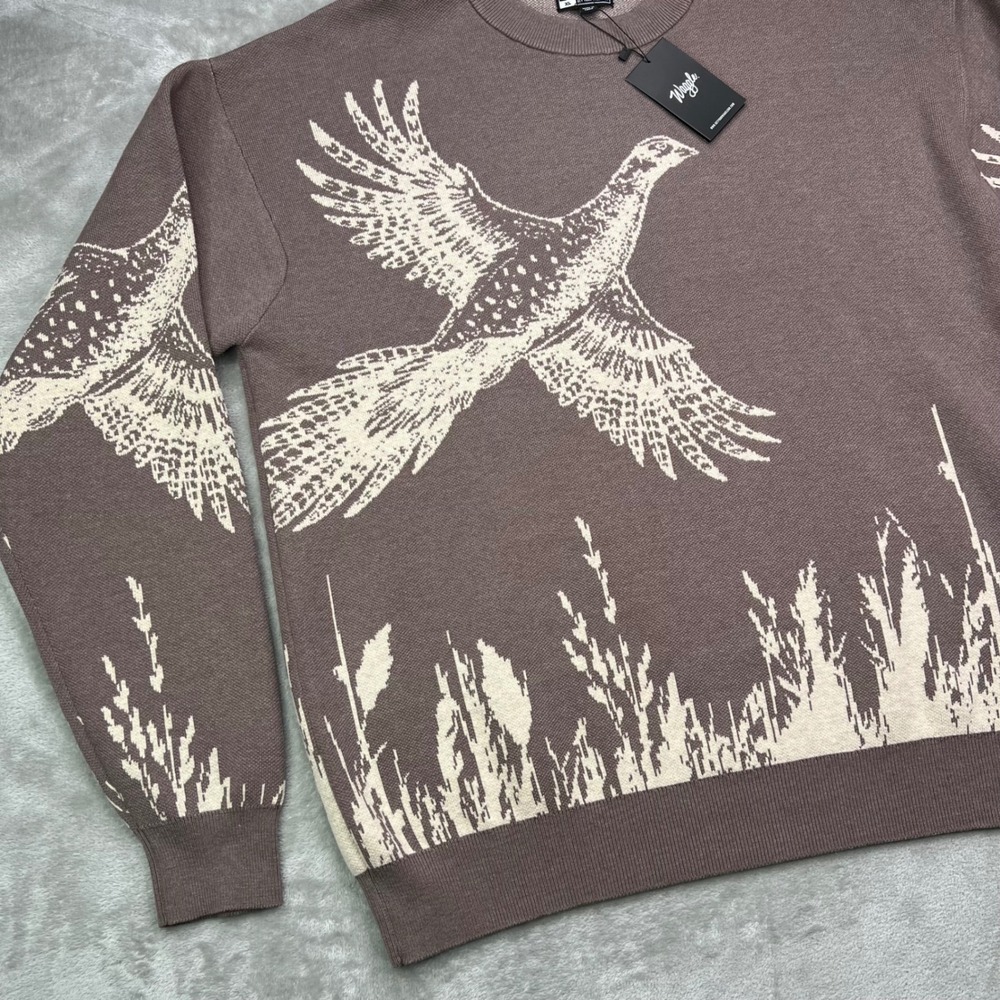 Waggle Upland Wildknit Sweater Mens XL Brown Pheasant Bird Graphic Crewneck - Picture 2 of 12